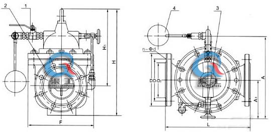 100X遙控浮球閥 外形結構圖 (1、球閥 2、主閥 3、針閥 4、浮球閥)